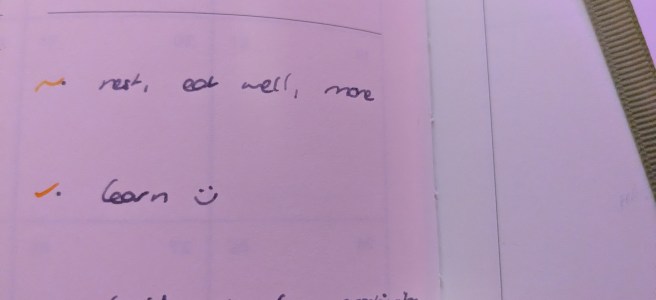 Page from a notebook titled 'top priorities'. 1) rest, eat well, move. 2) learn :) 3) don't abandon creativity. There's a tick next to 'learn :)' but wiggly lines next to the other two points, showing they were only partially achieved.